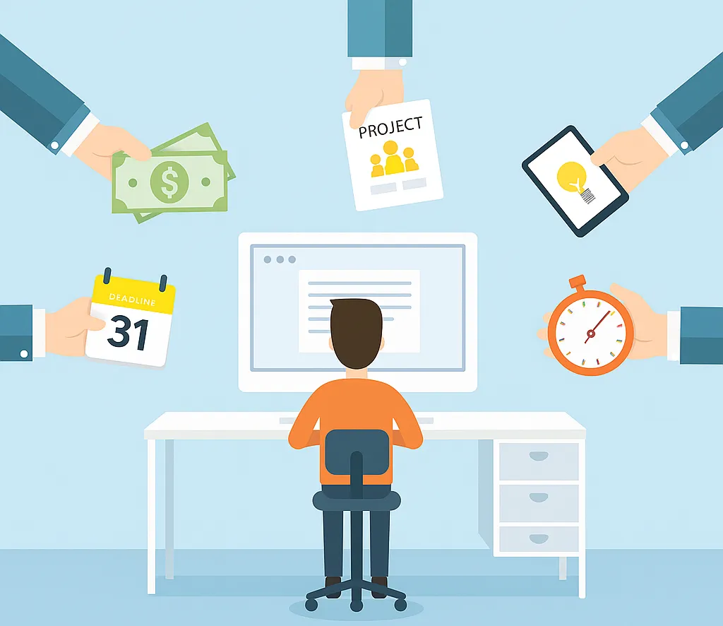 Illustration of an freelancer sitting at a desk with hands reaching from the outside offering money, a project, a tablet, a light bulb, a calendar, and a stopwatch.