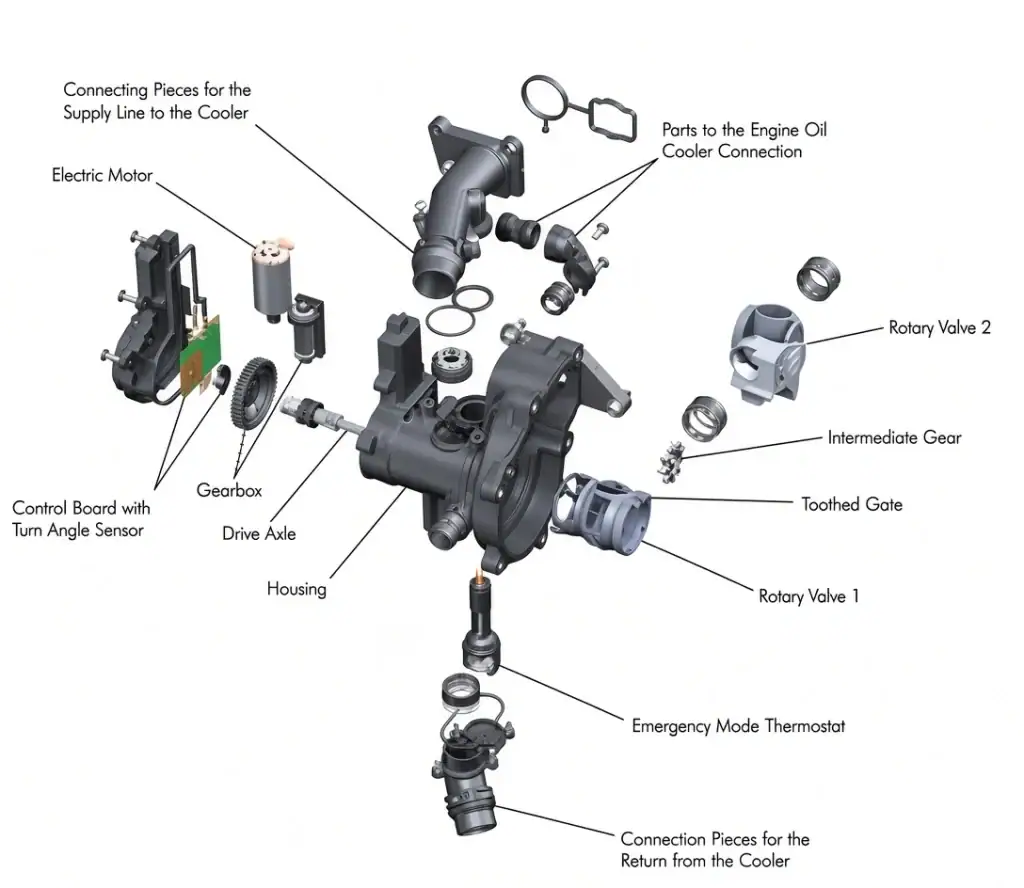 Exploded-view diagram of the EA888 Gen 3 water pump and N493 actuator assembly, labeling the electric motor, control board with turn-angle sensor, gearbox, drive axle, housing, rotary valves 1 and 2, intermediate gear, toothed gate, emergency-mode thermostat, and coolant connection pieces.