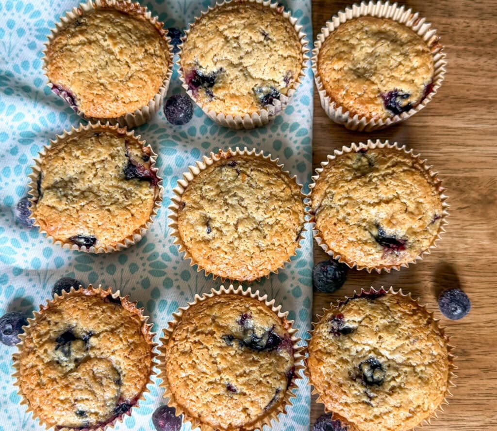 Einkorn flour blueberry muffins on a wooden table, arranged on a turquoise and white patterned placemat with fresh blueberries scattered around for a rustic, homemade look