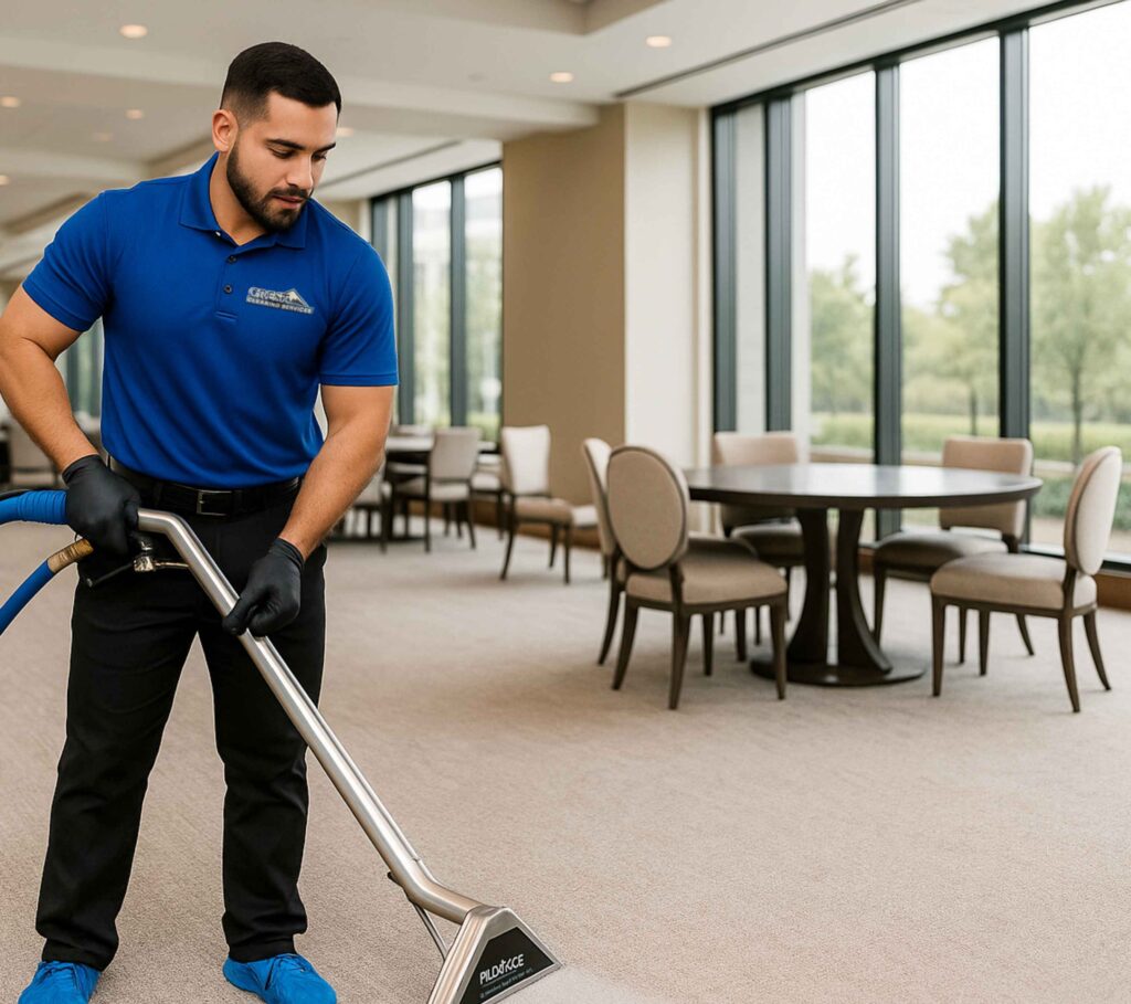 Carpet cleaning technician using professional steam-extraction equipment to deep clean residential carpets in Kent, WA — Crest Cleaning Services.