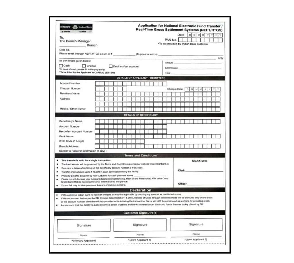 Indian Bank RTGS NEFT Form: Download, Fill, Charges 2026