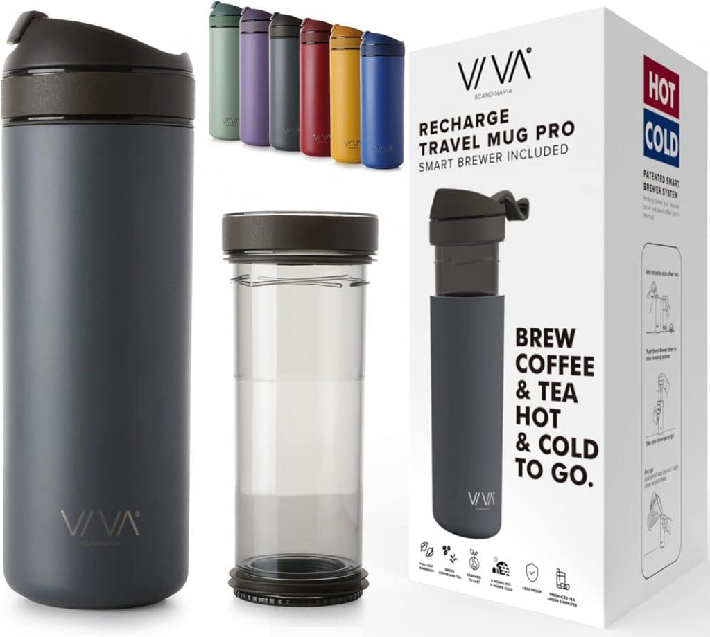 VIVA Recharge Grey Insulated Tea & Coffee Mug & Travel French Press Coffee Maker