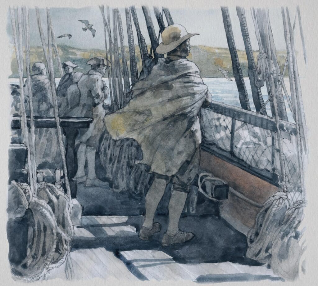 Watercolor of an African American man stands on ship, illustration by Wood Ronsaville Harlin, Inc