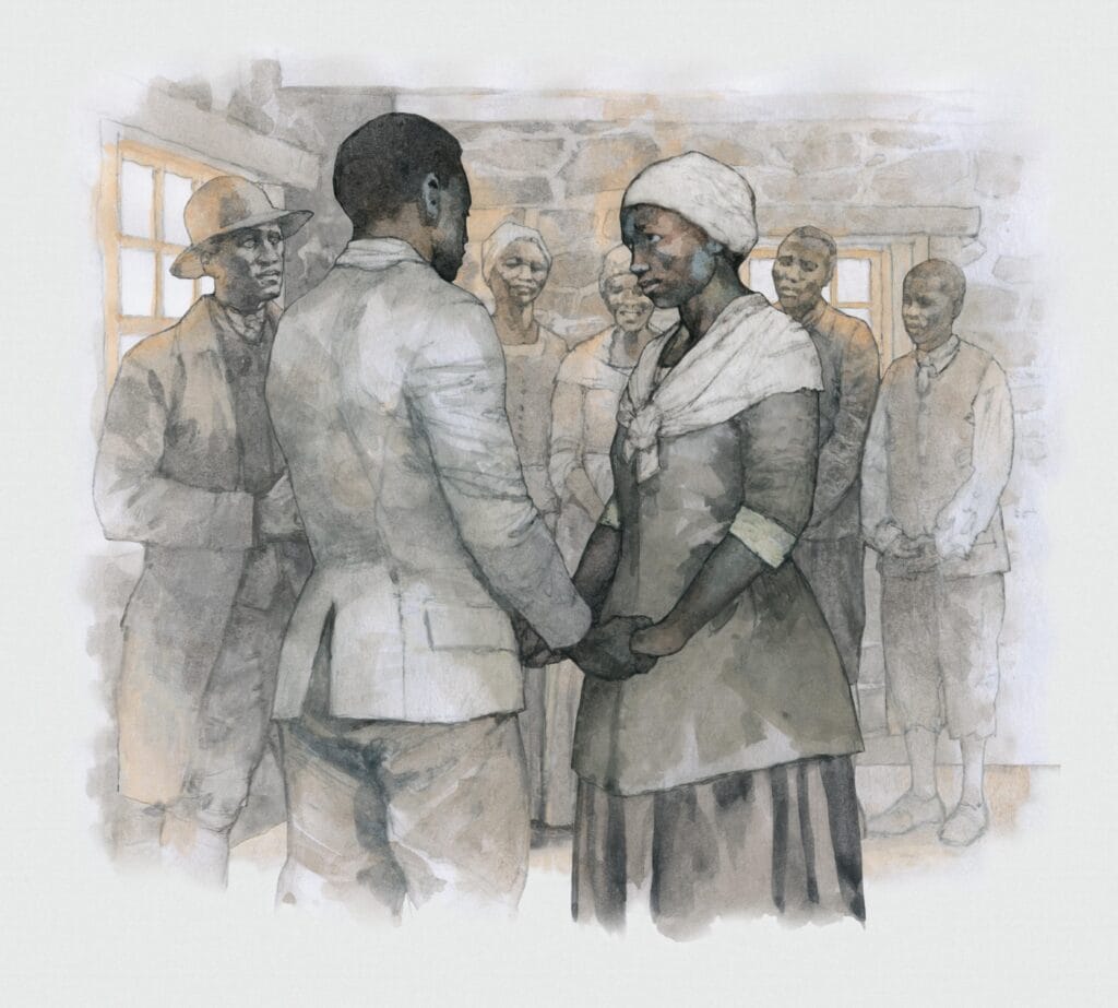 Watercolor of African American wedding, illustration by Wood Ronsaville Harlin, Inc
