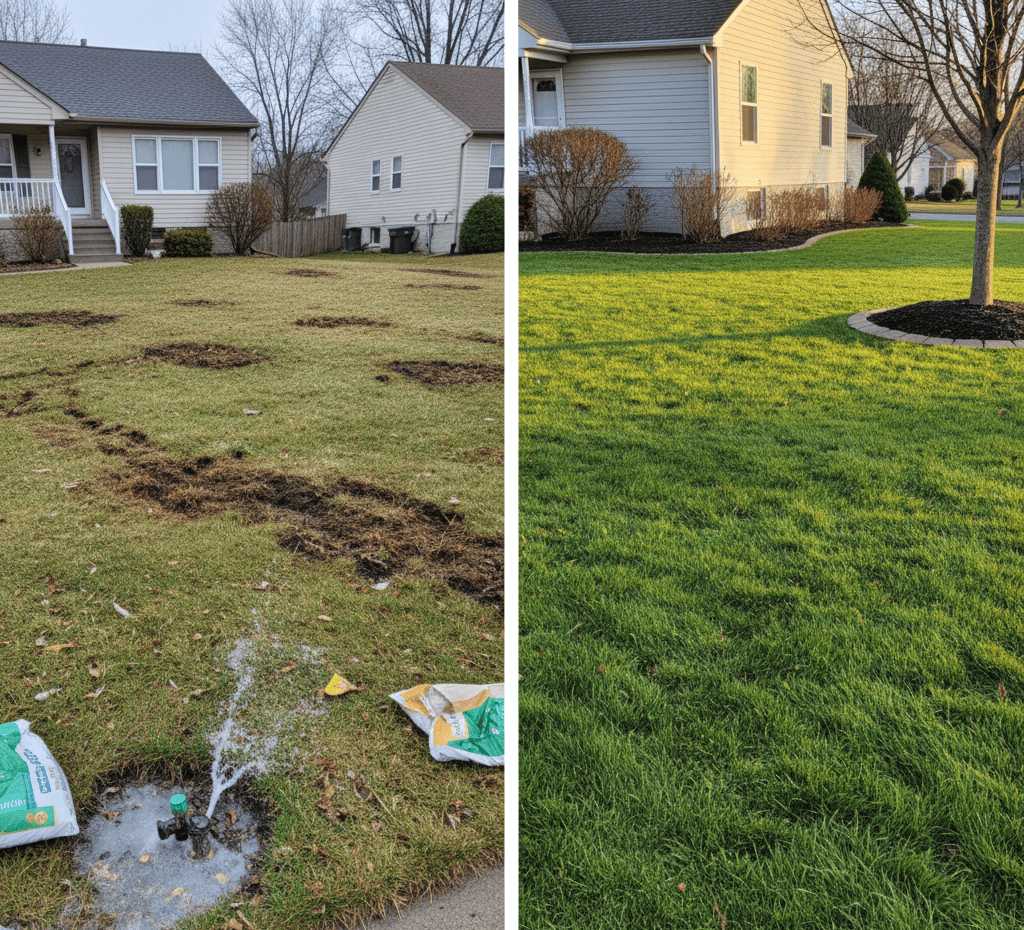 A backyard lawn showing exposed soil and a water line repair in progress with tools on the grass.
