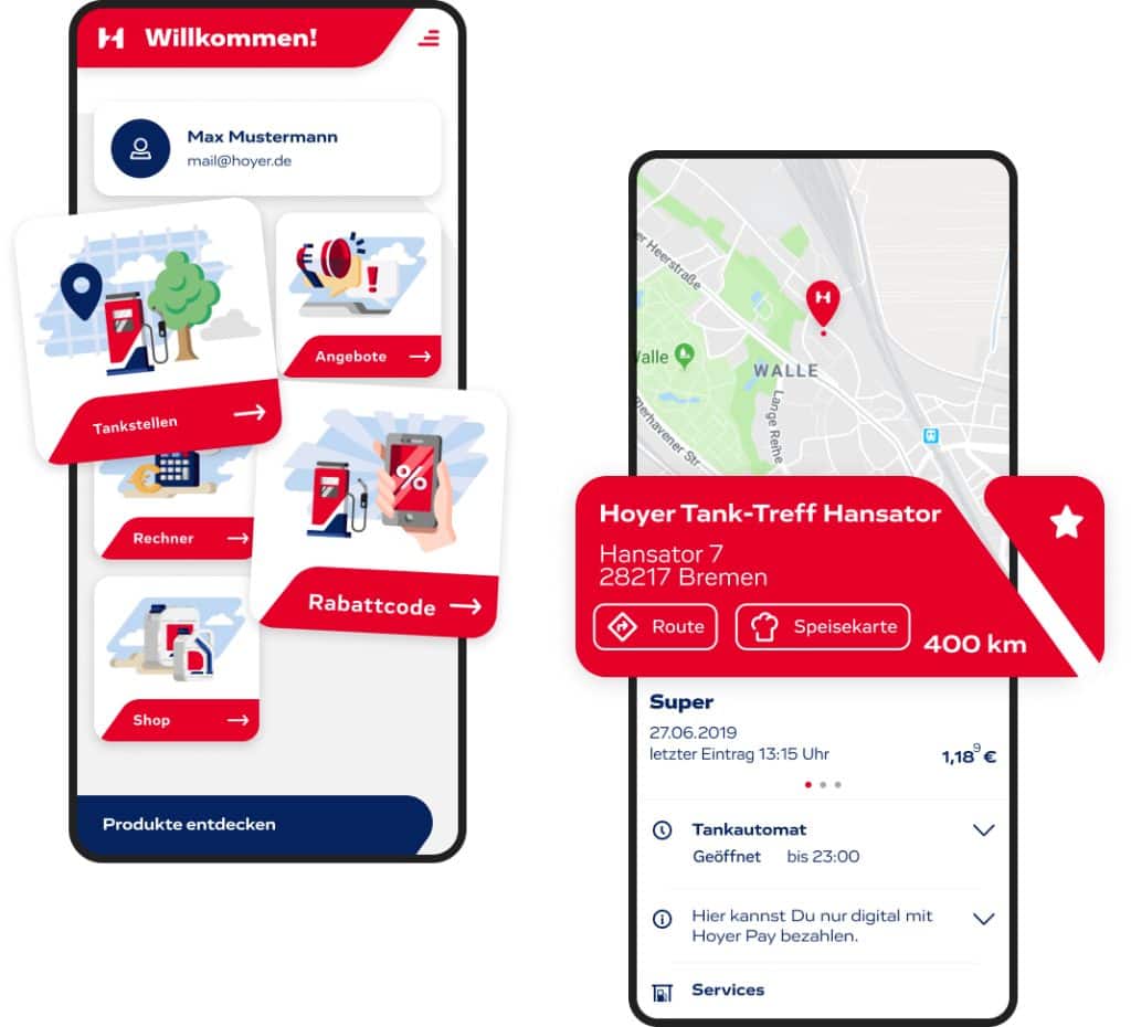 Two screens of a Hoyer smartphone app. The left screen shows a welcome screen with categories such as “Gas Stations”, “Offers”, “Calculator”, “Discount Code”, and “Shop” in tiles. The right screen shows a map with the location “Hoyer Tank-Treff Hansator” in Bremen, including a button for route planning and a distance of 400 km. Further information about the gas station, such as opening hours and fuel prices, is also visible.