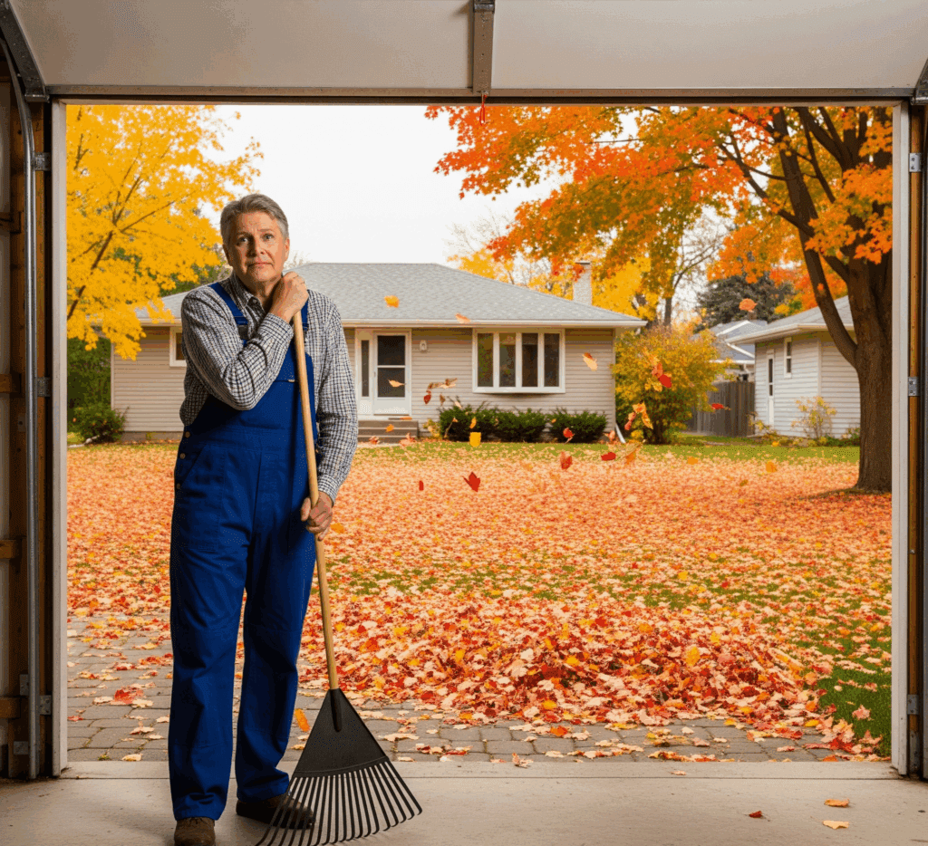 A worker in blue overalls standing with a rake in front of a house surrounded by colorful fall leaves.