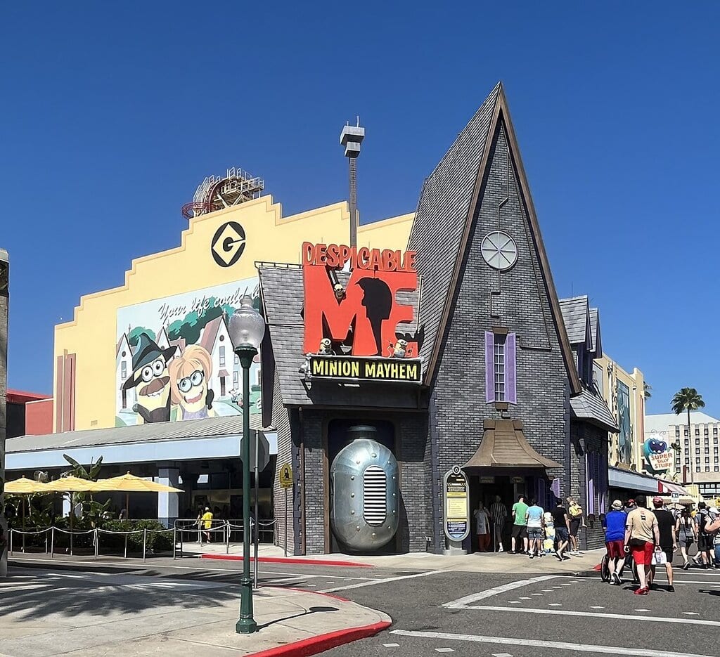 Exterior of Despicable Me Minion Mayhem attraction at Universal Studios Florida with cartoon building and signage