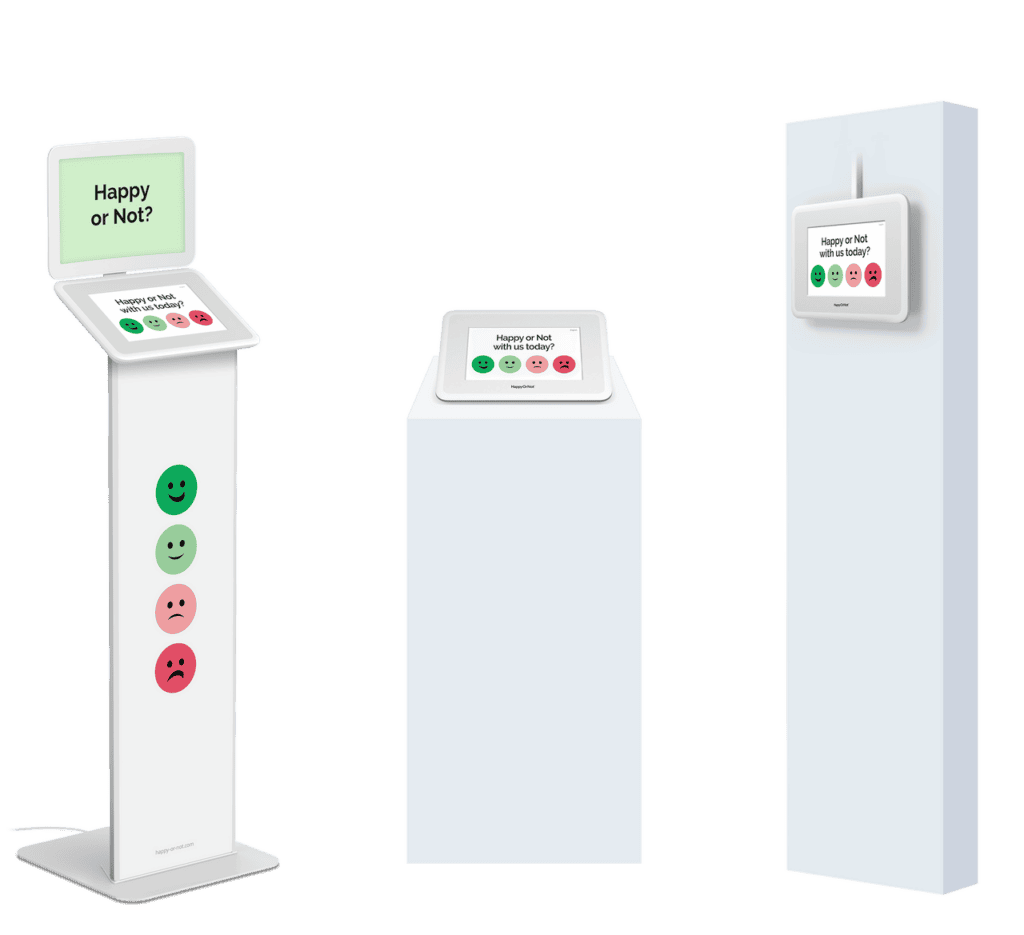 Feedback Smiley Varianten mit Display und verschiedenen Aufstellungsszenarien wie Aufsteller, Tisch oder Wand.