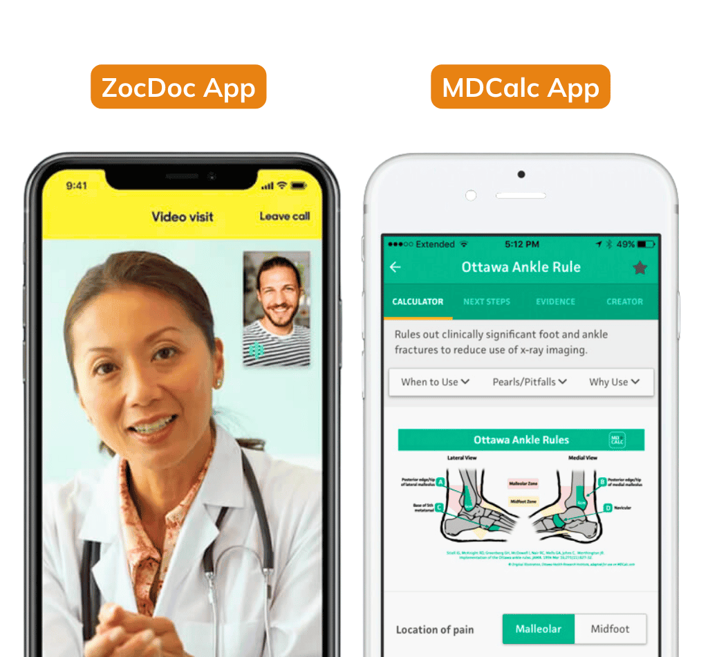 Collage showcasing the ZocDoc and MDCalc mobile applications. The top section features three screenshots of the ZocDoc app on smartphones, displaying a physician directory, a video consultation interface with Dr. Liz Blackwell, and an appointment scheduling screen. The bottom section displays the MDCalc app on a smartphone, featuring the COVID-19 (VACO) Index tool which estimates the risk of mortality after COVID-19 infection, developed in collaboration with U.S. health authorities. This highlights the apps' functionalities in facilitating healthcare appointments and providing clinical support tools for doctors.