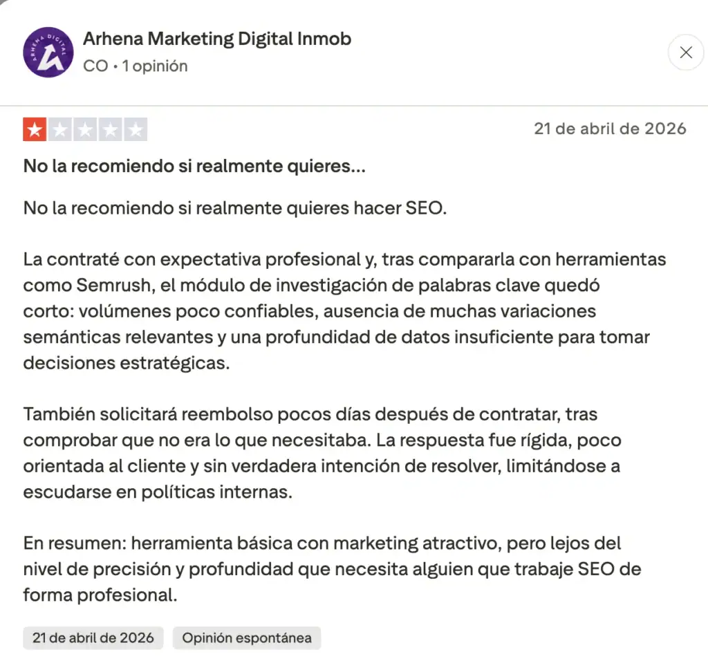 opinión de Arthena Marketing Digital Inmob sobre DinoRank en Truspilot