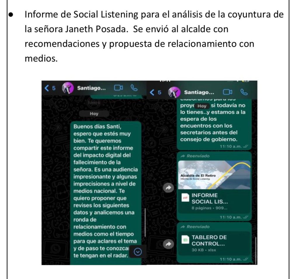 Mensaje de la firma Jaramillo Luján al alcalde en el cual se le comparten los análisis del impacto mediático del asesinato de Janeth Posada y se le sugiere una respuesta a dicha crisis