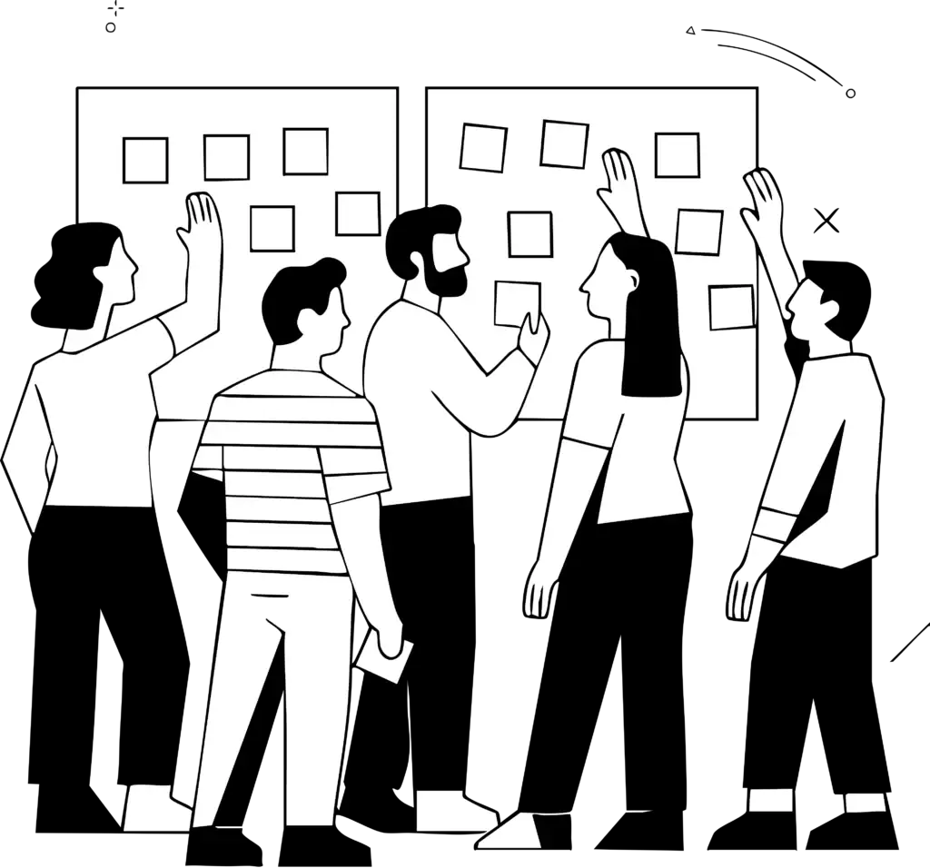 het team van 5th Floor werkt samen aan een digitaal project en brainstormt met post-its