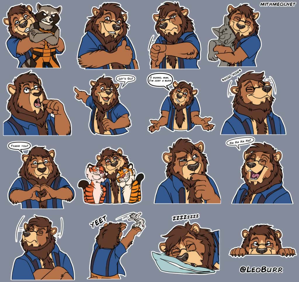 A set of telegram stickers featuring an anthropomorphic lion bear hybrid.