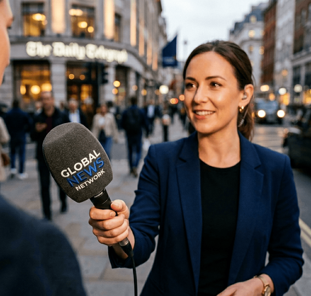 кастомная ветрозащита для микрофона с логотипом в кадре интервью