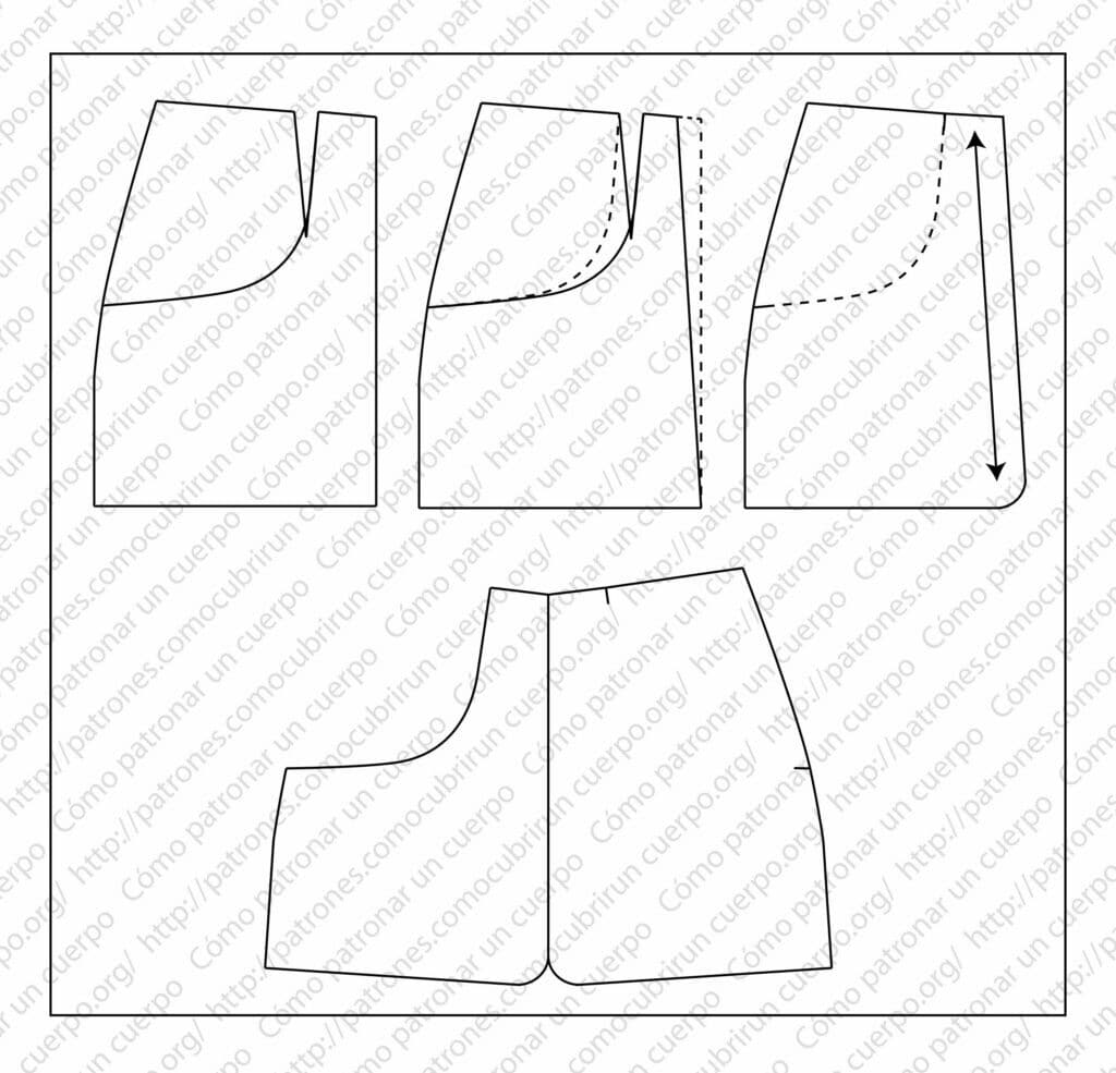 Piezas del patrón que muestran la construcción del fondo de bolsillo en el delantero de la falda tejana, con líneas de unión y recorrido de la abertura