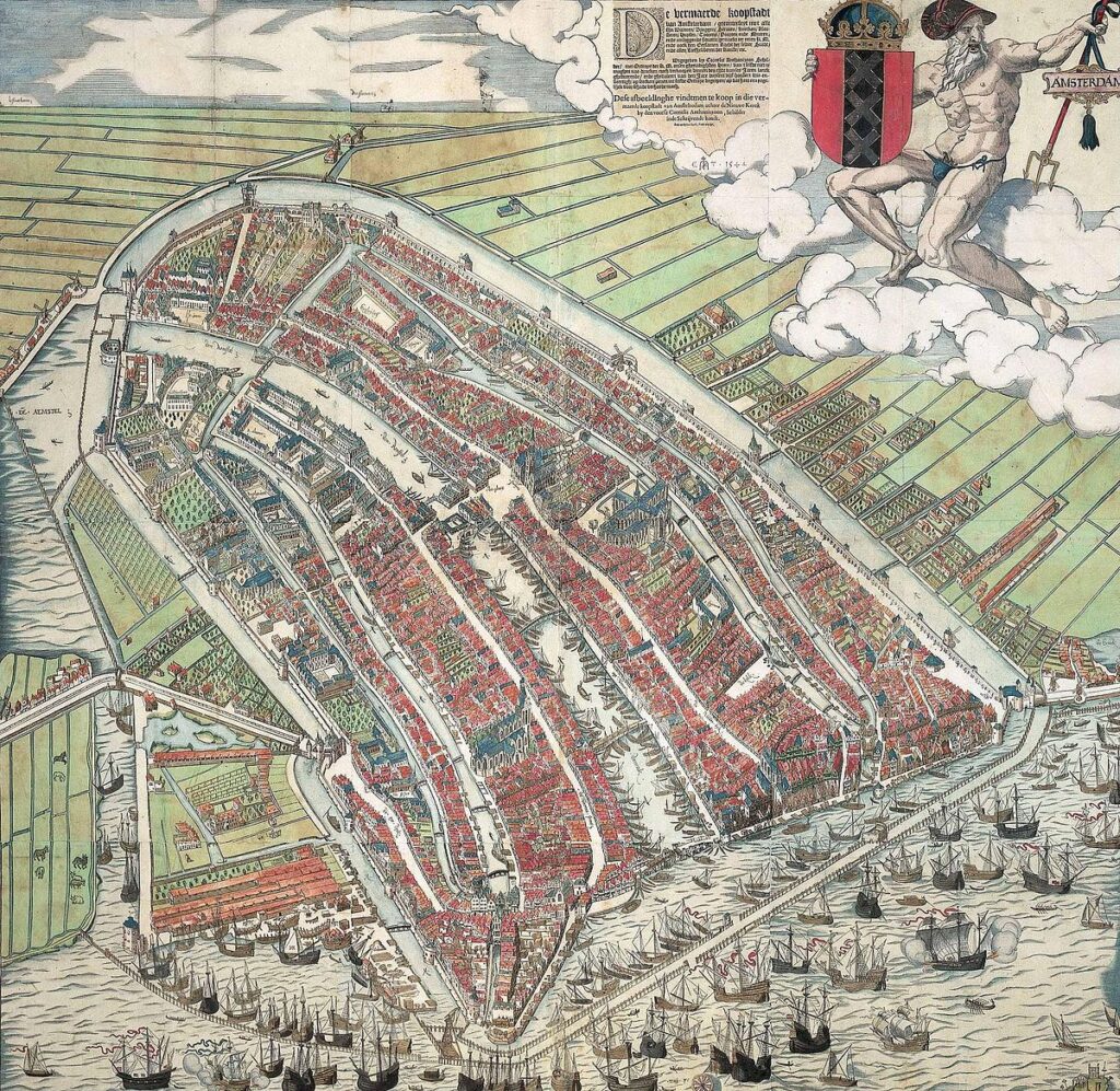 A high-angle bird's-eye view painting of medieval Amsterdam in 1544 by Cornelis Anthonisz showing the Amstel River and the city's early wooden fortifications.