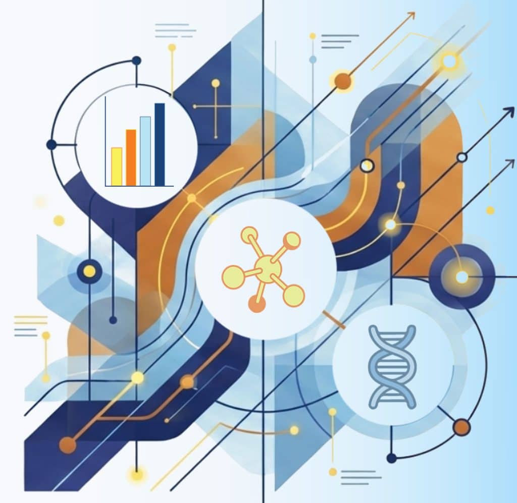 and shapes with three clear circles showing a DNA helix, a molecule, and a chart