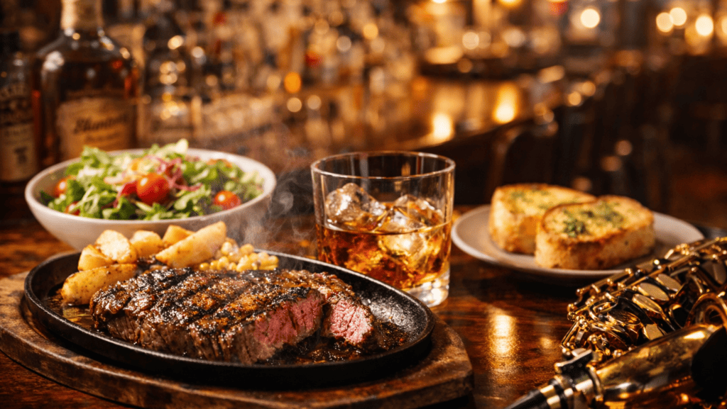 テーブルにステーキとバーボン