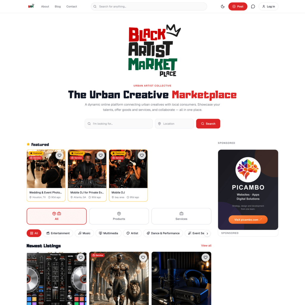 Black Artist Marketplace mit Suche, Kategorien und Angeboten von Kreativen