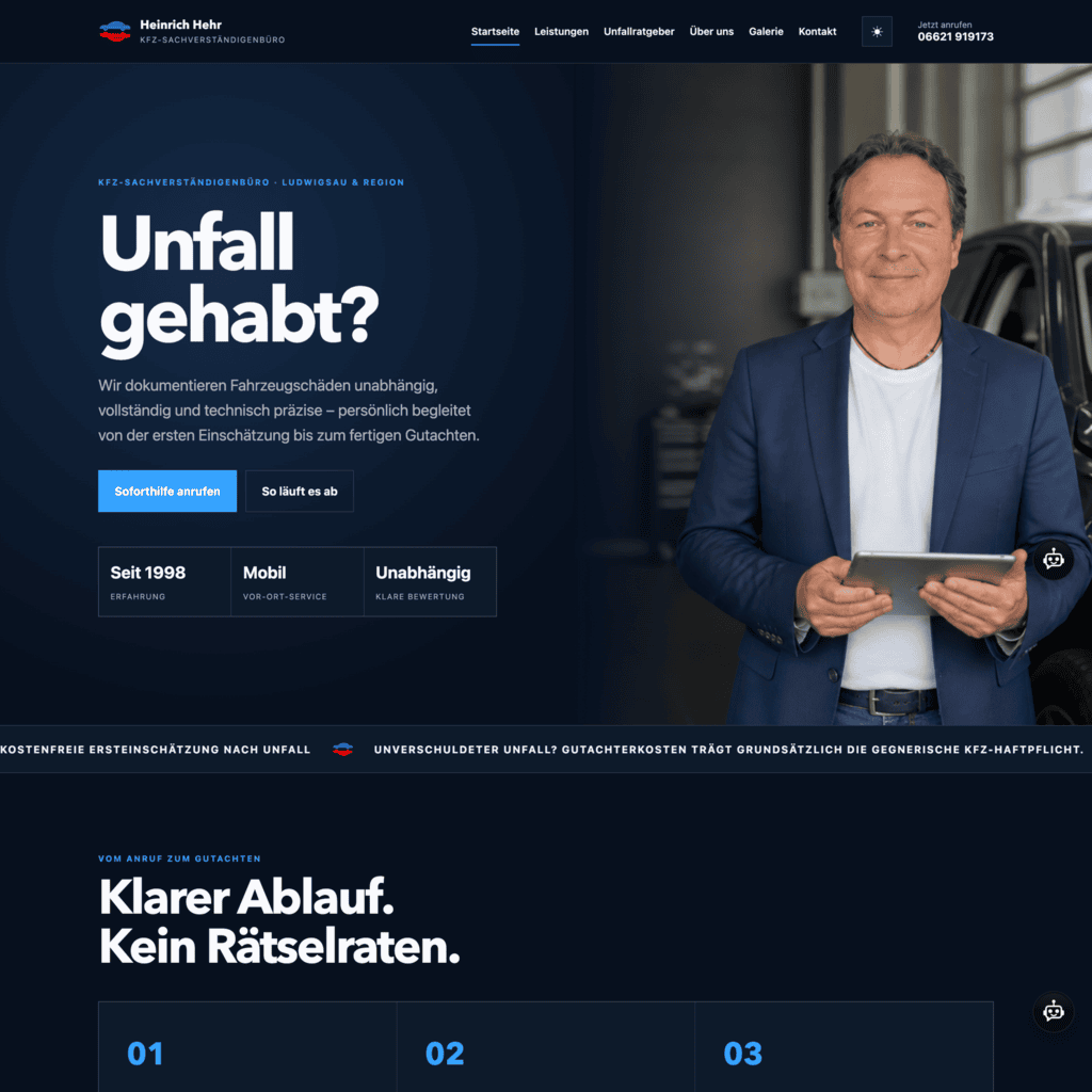 Website des Kfz-Sachverständigenbüros Heinrich Hehr in Ludwigsau