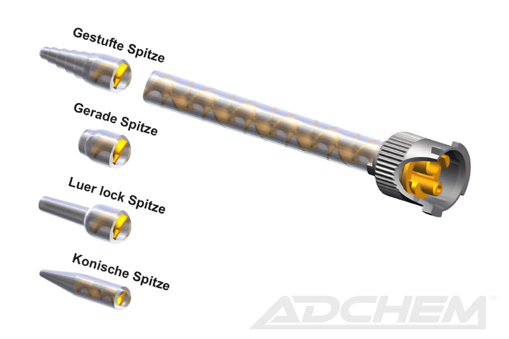 Statikmischer, Helix, B-System, 4:1, 10:1, 25-75ml, gerade Spitze MBHX 04-16D