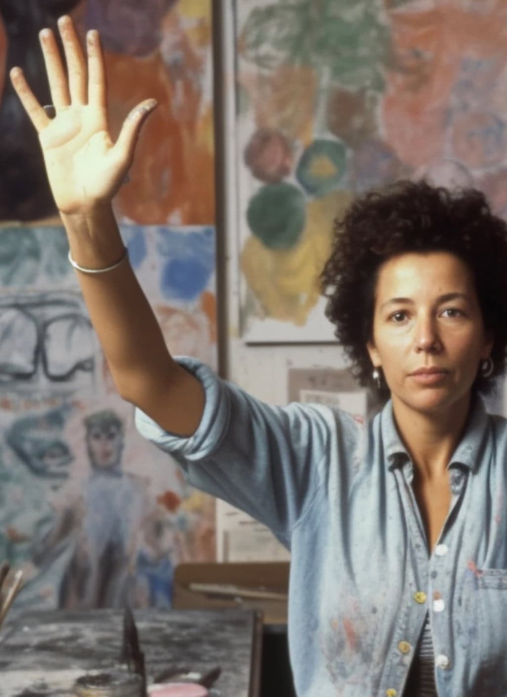 A woman with dark curly hair in a light blue shirt holds up a hand.