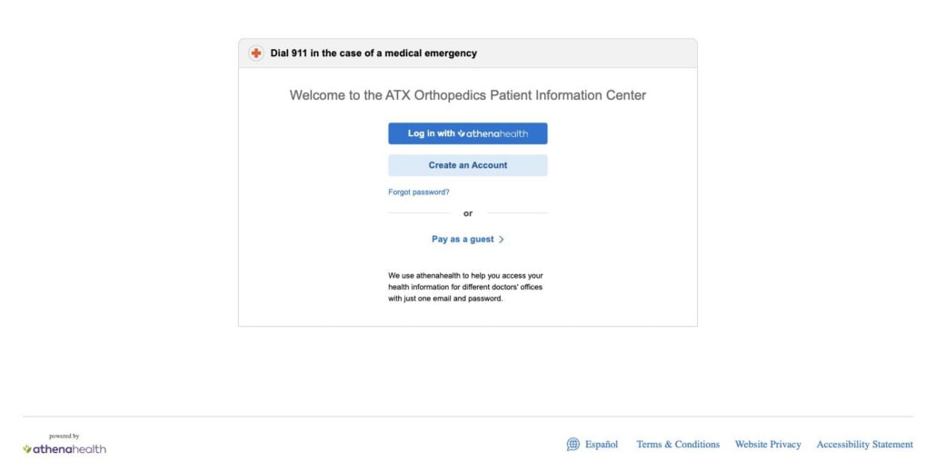 ATX Orthopedics patient portal login — powered by Athenahealth