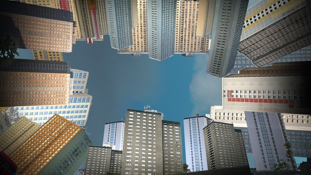 Myriam Thyes, Apotheosis of Glasgow High-rises (2013-2014), HD Video für Projektion an die Decke, 6:30, stereo. Videostill.
