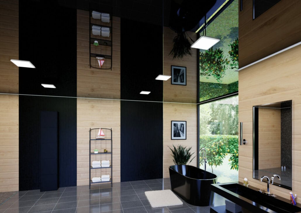 1A Spanndecke - Badezimmer - Schwarze superglanz Spanndecke mit Beleuchtung