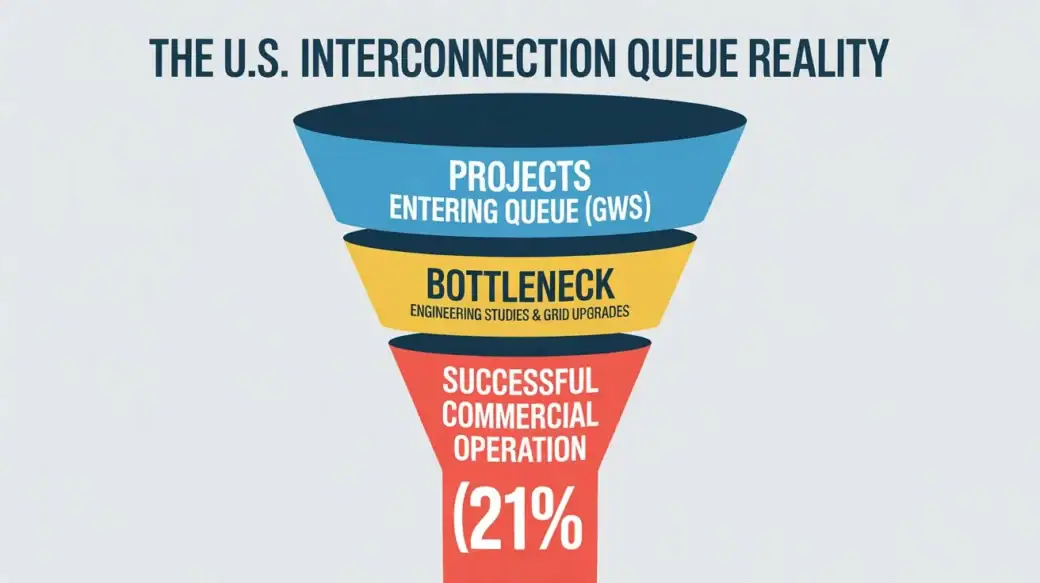 A vertical funnel infographic showing the low 21% success rate of solar projects moving through the U.S. interconnection queue due to study bottlenecks.