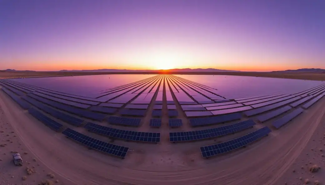 A drone panorama of a 100MW solar farm at sunset, representing a massive tax equity investment asset.