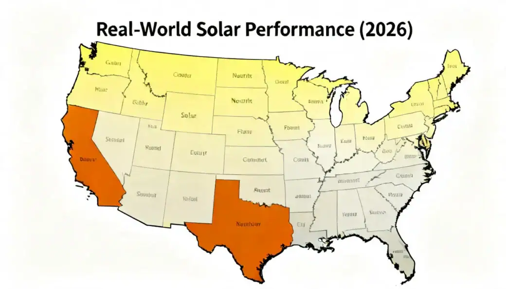 A 2026 US map showing the geographic variation in utility-scale solar capacity factors across different regions.