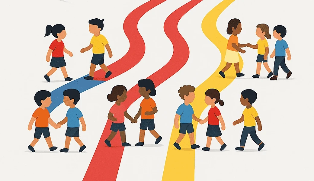 infografik-bildungssysteme-andorra Vektorillustration, die verschiedene Kinder auf drei verschiedenen Wegen zeigt, jeder mit den Flaggen von Andorra, Spanien und Frankreich, die die drei öffentlichen Bildungssysteme des Landes repräsentieren.