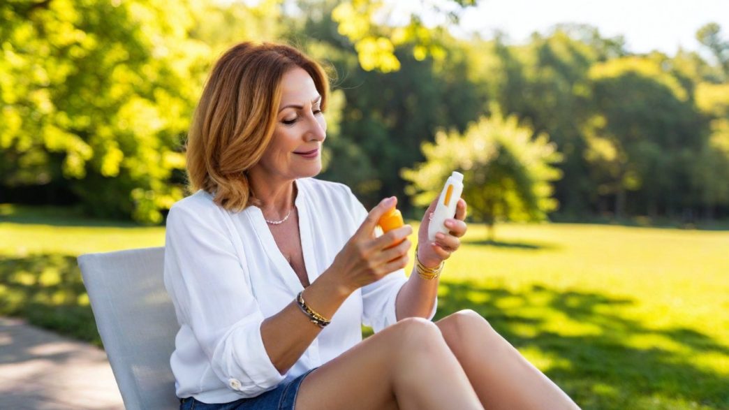 Frau im Garten mit Sonnenschutzmittel fürs Gesicht