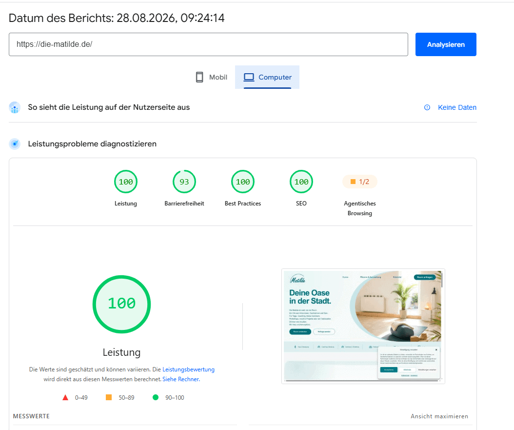 Google PageSpeed Test der Desktop-Version von Die Matilde mit 100 Punkten Performance