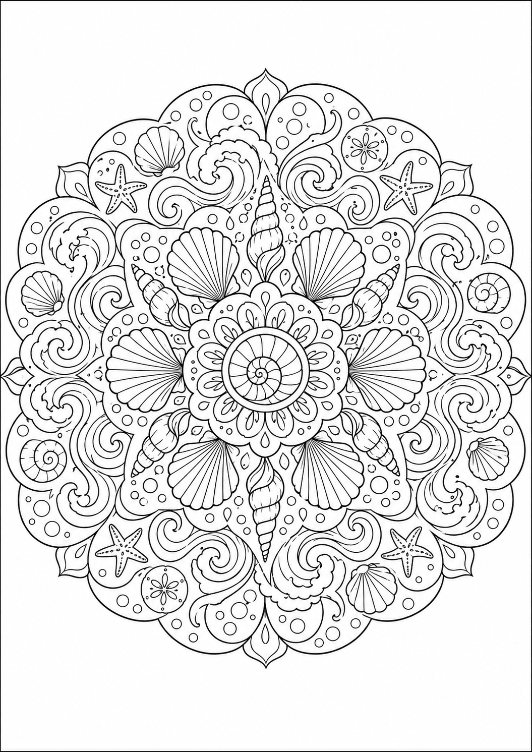 Mandala morska z muszlami do druku dla dzieci