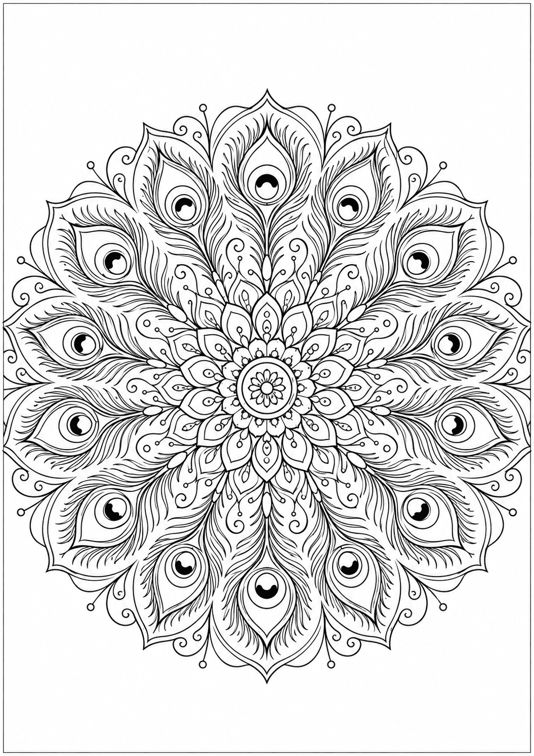Mandala z pawimi piormi do druku dla dzieci
