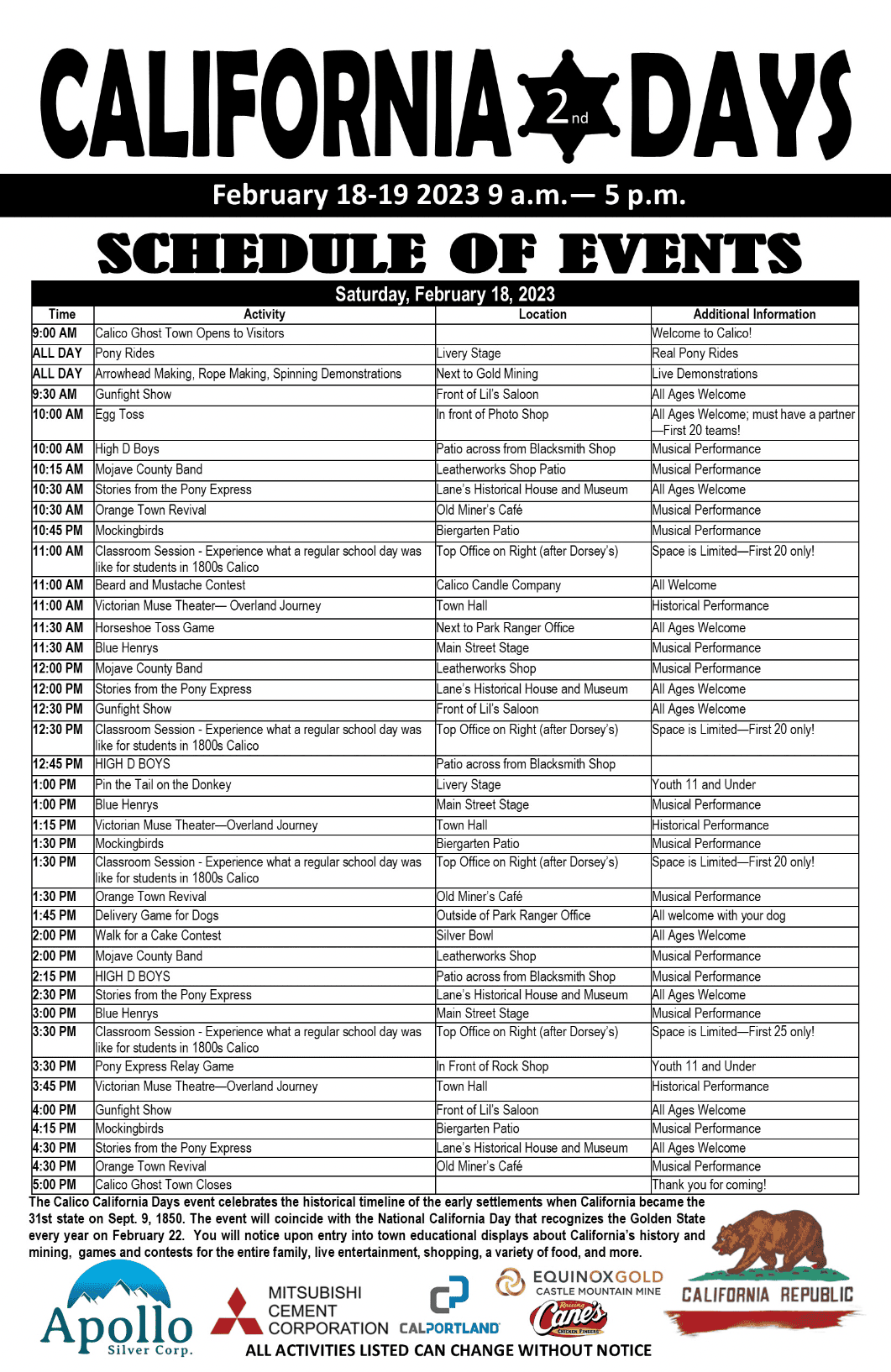 California Days Schedule of Events