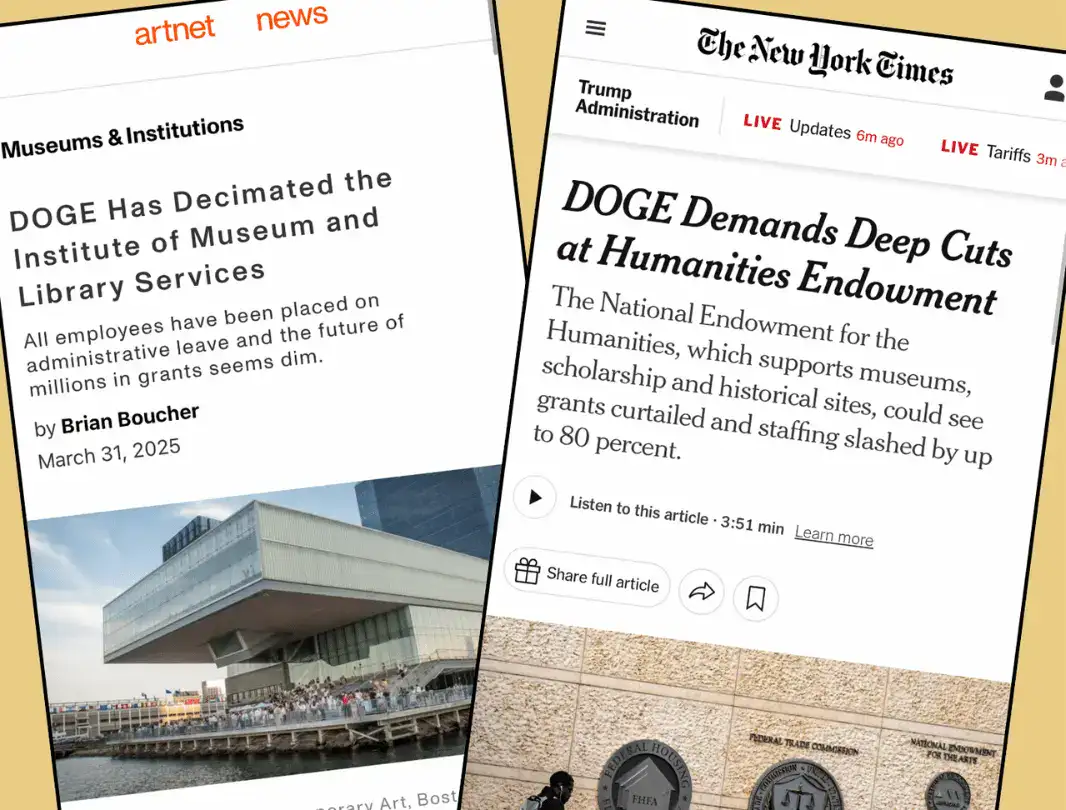A collage of newspaper headlines referencing DOGE cuts to the NEH and IMLS