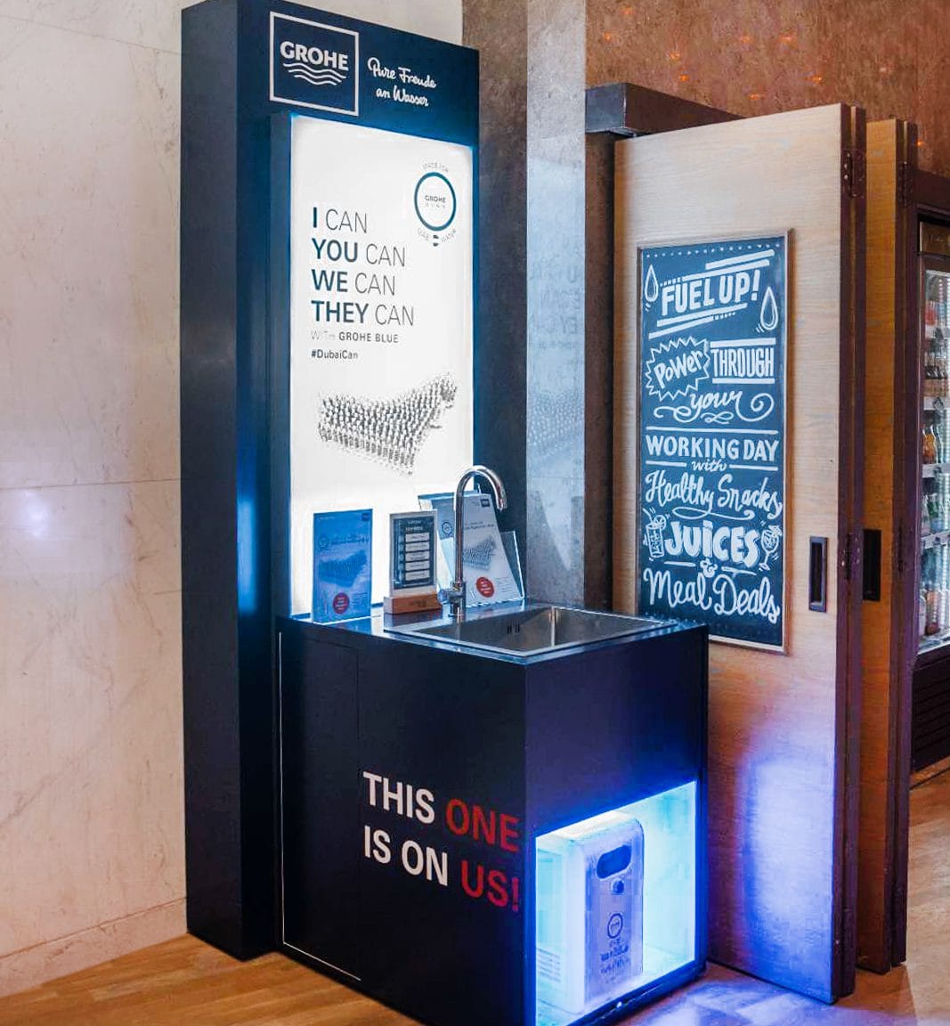 Grohe water station at Media One Hotel promoting sustainability with free filtered water for guests and visitors. Grohe water station at Media One Hotel promoting sustainability with free filtered water for guests and visitors.