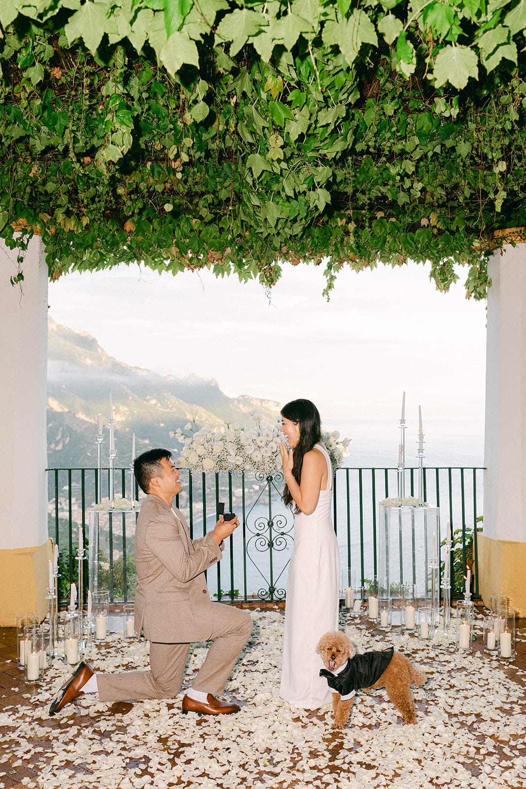 Andrea Gallucci - Destination Wedding Photographer- Amalfi Coast Positano Santorini Barcellona Rome Ravello Paris New York Surprise marriage proposal in Ravello with couple and their dog