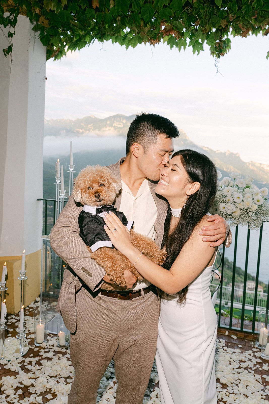 Andrea Gallucci - Destination Wedding Photographer- Amalfi Coast Positano Santorini Barcellona Rome Ravello Paris New York Couple hugging their dog after proposal in Ravello