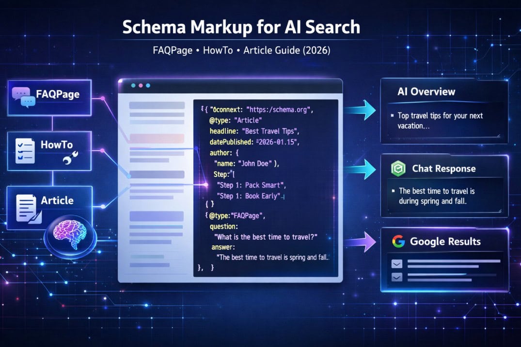Schema markup for AI search showing FAQPage, HowTo, and Article structured data helping AI engines understand website content.