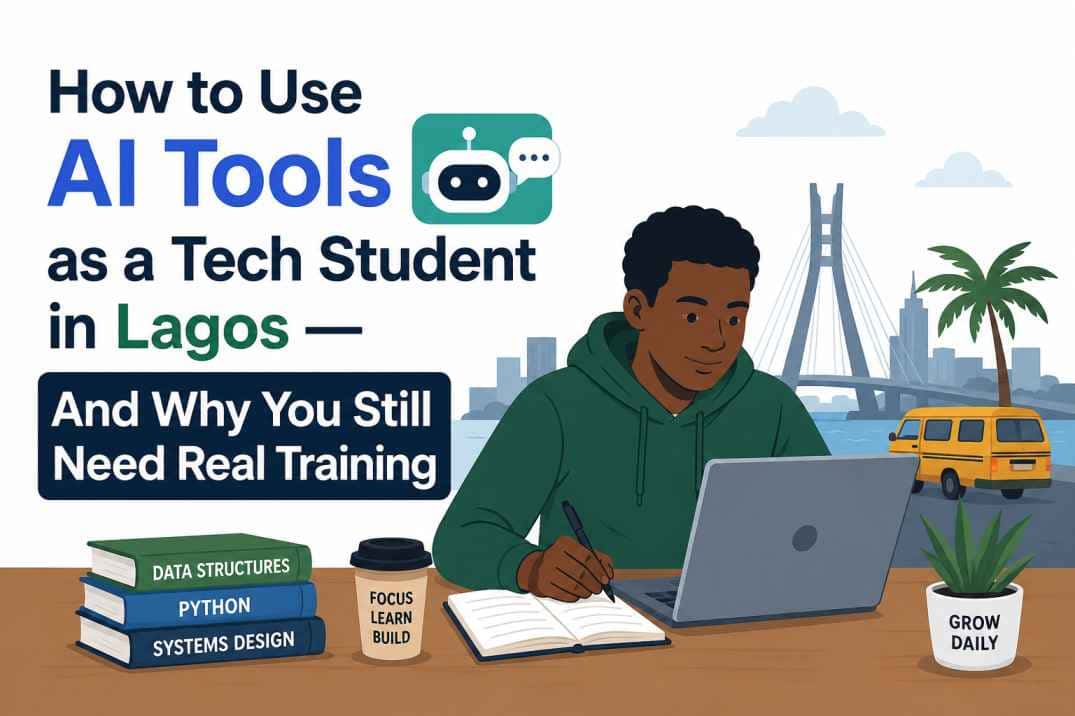 Tech student in Lagos using AI tools for coding and learning software development, highlighting the importance of real-world training alongside artificial intelligence tools.