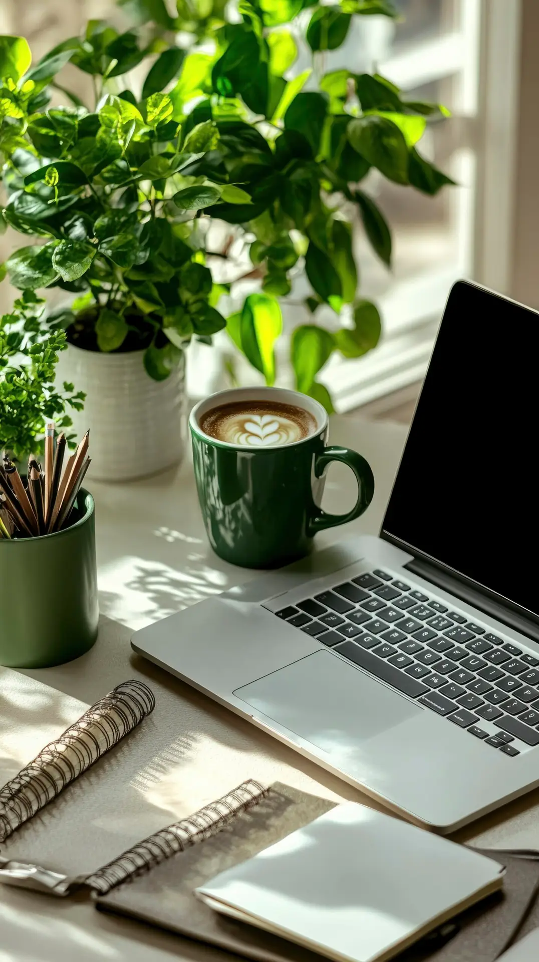 Unternehmen & Teams 1 professional photo cozy home office setup with laptop notebook coffee cup green plants scaled