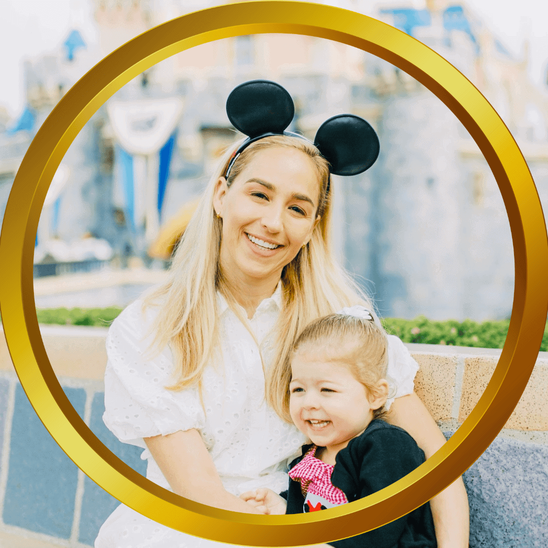 Happy mother and daughter enjoying Disney theme park ride, Disney castle in background, celebrating family vacation, Disney magic atmosphere.