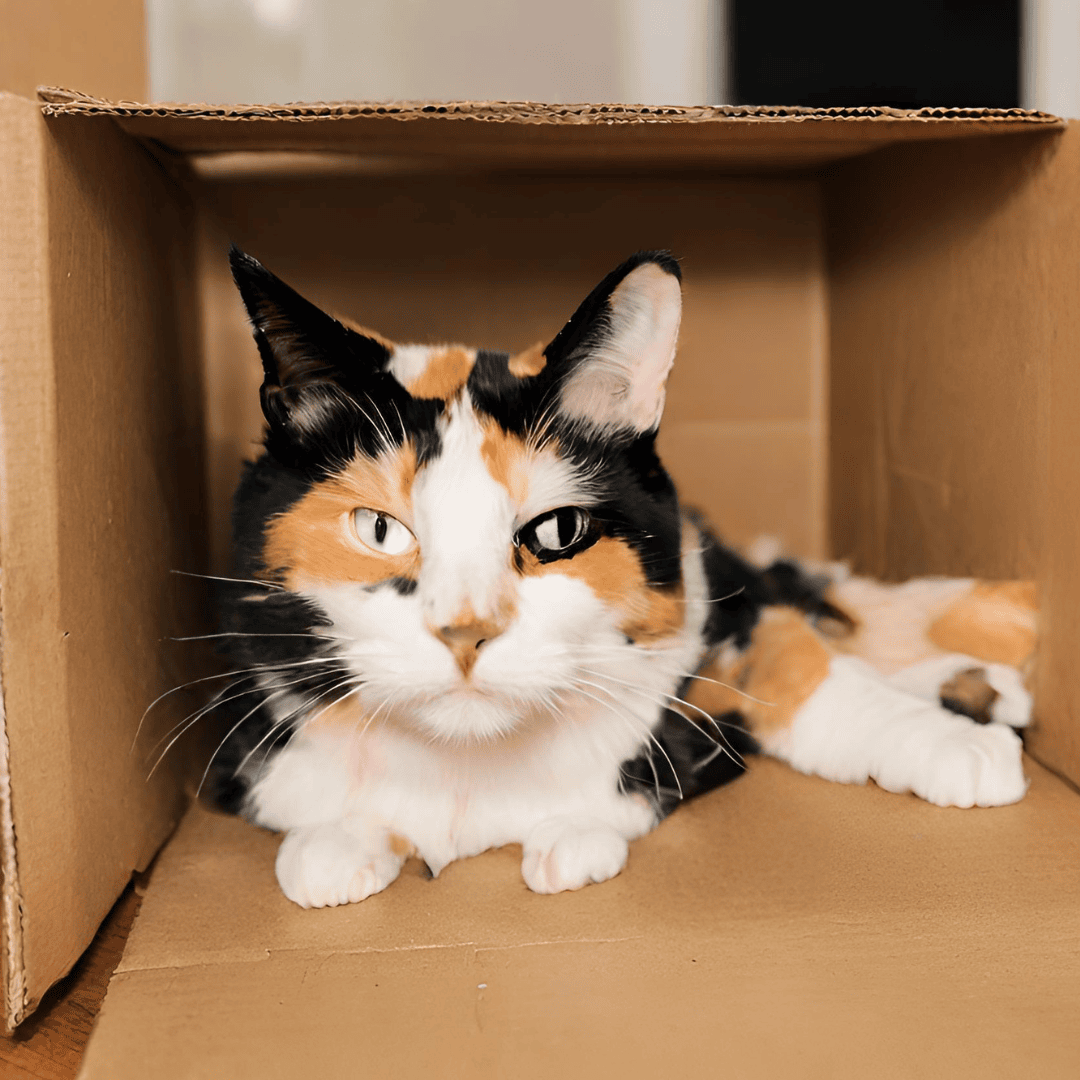 A calico cat in a cardboard box. The cat has an extra back leg and its torso appears very small.