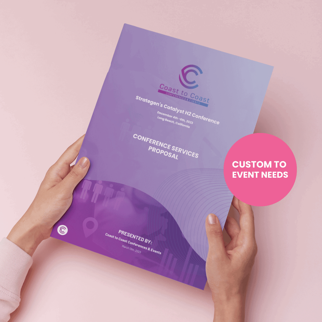 Client holding a CTC Event Services proposal with a bubble saying 'Custom to Your Event Needs,' highlighting tailored event solutions.