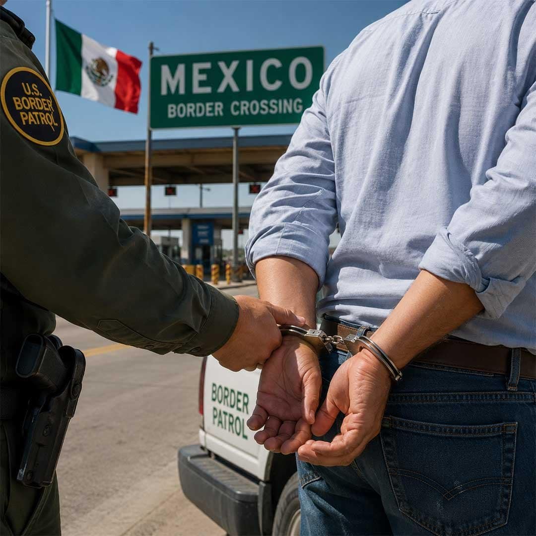 Man being arrested at the U.S.-Mexico border by federal agents with assistance from an experienced San Diego border arrest attorney for criminal defense and federal charges.